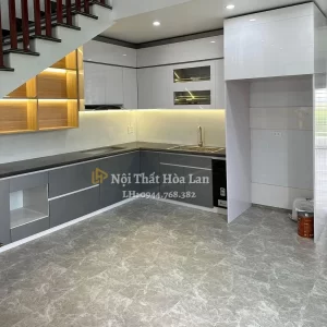 Tủ Bếp Nhựa Đài Loan Chữ L Phối Xám Trắng Nội Thất Hòa Lan 0944768382 TN05