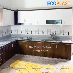 Tủ Bếp Nhựa Đài Loan Chữ L Nâu Trắng Nội Thất Hòa Lan 0944768382 TN02