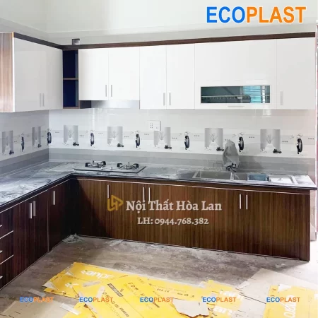 Tủ Bếp Nhựa Đài Loan Chữ L Nâu Trắng Nội Thất Hòa Lan 0944768382 TN03