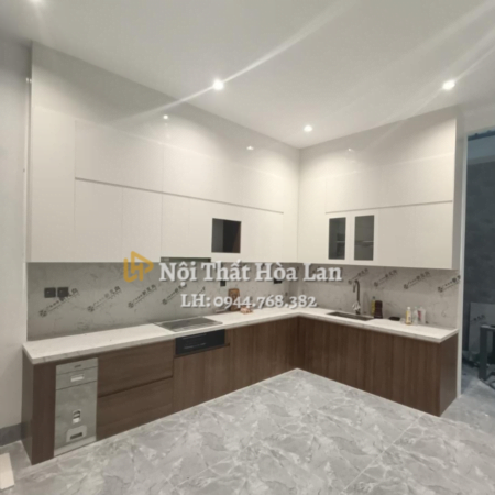 Tủ Bếp Nhựa Đài Loan Chữ L Nâu Trắng Nội Thất Hòa Lan 0944768382 TN11